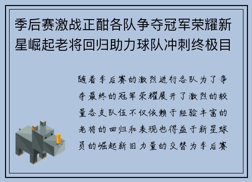 季后赛激战正酣各队争夺冠军荣耀新星崛起老将回归助力球队冲刺终极目标